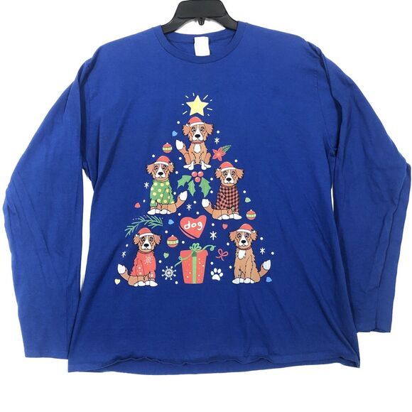 Port & Company Dog Christmas Tree Long Sleeve T Shirt Blue Men's 2XL Ring Spun - Picture 1 of 7